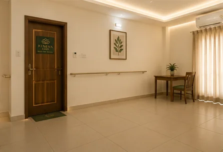 Room with wall-mounted grab rail and clear floor space