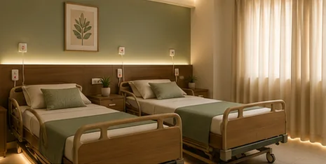 Twin room with green accent wall