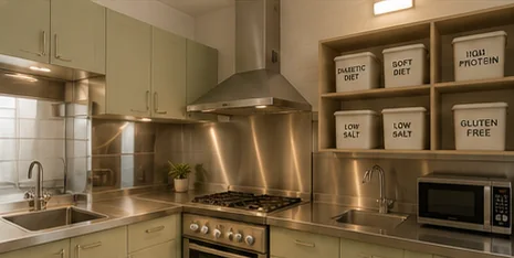 Kitchen with labelled containers for diabetic, soft, low-salt, high-protein and gluten-free diets